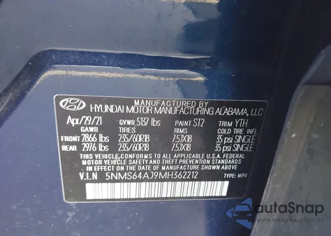 2021 Hyundai Santa Fe Sel из США, поврежденный, VIN 5NMS64AJ9MH362212